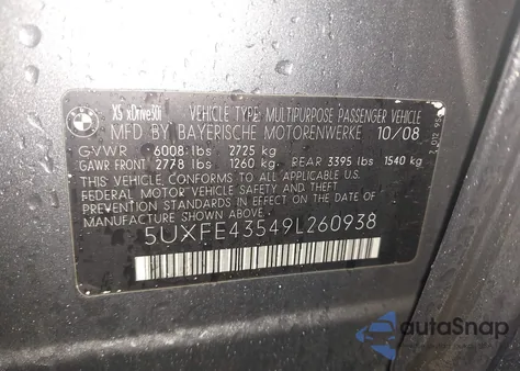 2009 BMW X5 xDrive30I z USA, uszkodzony, nr VIN 5UXFE43549L260938